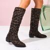 Sexy Leopard Suede Knee Boots Women 2025 Autumn Pointed Toe Medium Heel Slip On Long Boots Brand Design Soft Pleated Boots