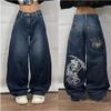 Mens Gothic Streetwear Denim Pants Loose Straight Cut Water Washed Cotton Jeans Youth
