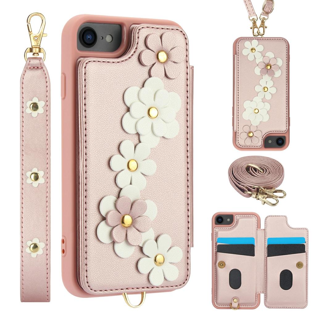 SY-001 For iPhone 16e Case Card Slots Leather Coated TPU Flower Phone Cover