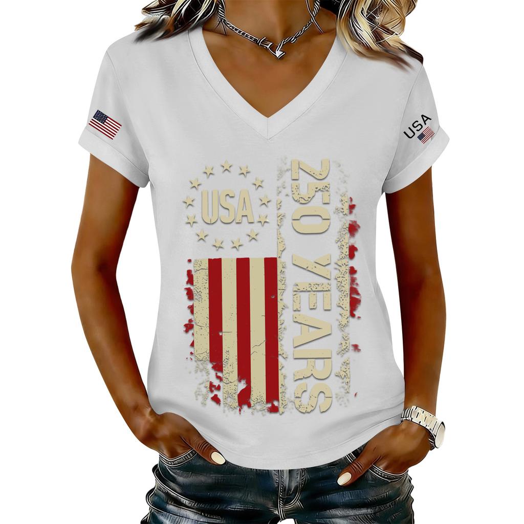 Women's Fashionable V-Neck Casual Retro Print Short Sleeved T-shirt Top