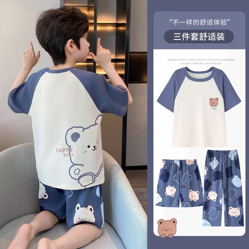 Cotton 3-Piece Pajama Set Boys Lightweight Short Sleeve Sleepwear Cartoon Print Home Wear Ages 8