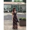 Women's Plaid Spaghetti Strap Maxi V-neck Sheer Mesh Casual Vacation Long Dress