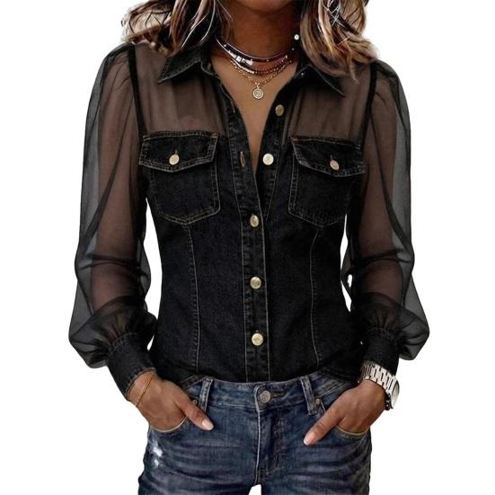 Dame Skjorte Gjennomsiktig Mesh Lappeteppe Kald Skulder Langermet Denim Topper Krage Knapper Stolpe Skjorte Country Konsert Klær