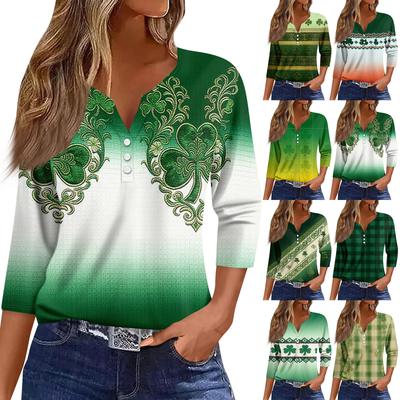Women's Fashion Button-Up V-Neck Three-Quarter Sleeve Valentine's Day Print Top
