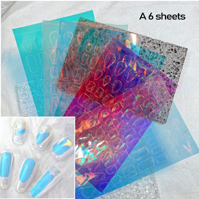 6/11 Sheets 3D Aurora Geometric Shape Ice Nail Foils Sticker Glass Paper Color Paper Nails Film Decals Cube Heart Nail Stickers