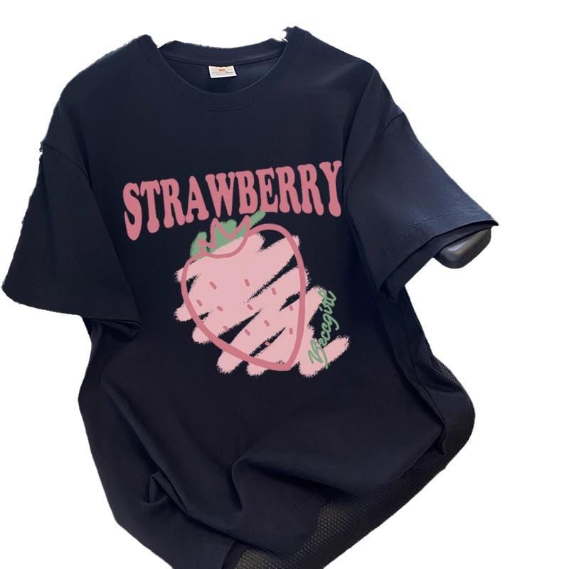 Women's Summer Strawberry Print Round Neck Short-Sleeve Plus Size Casual T-Shirt