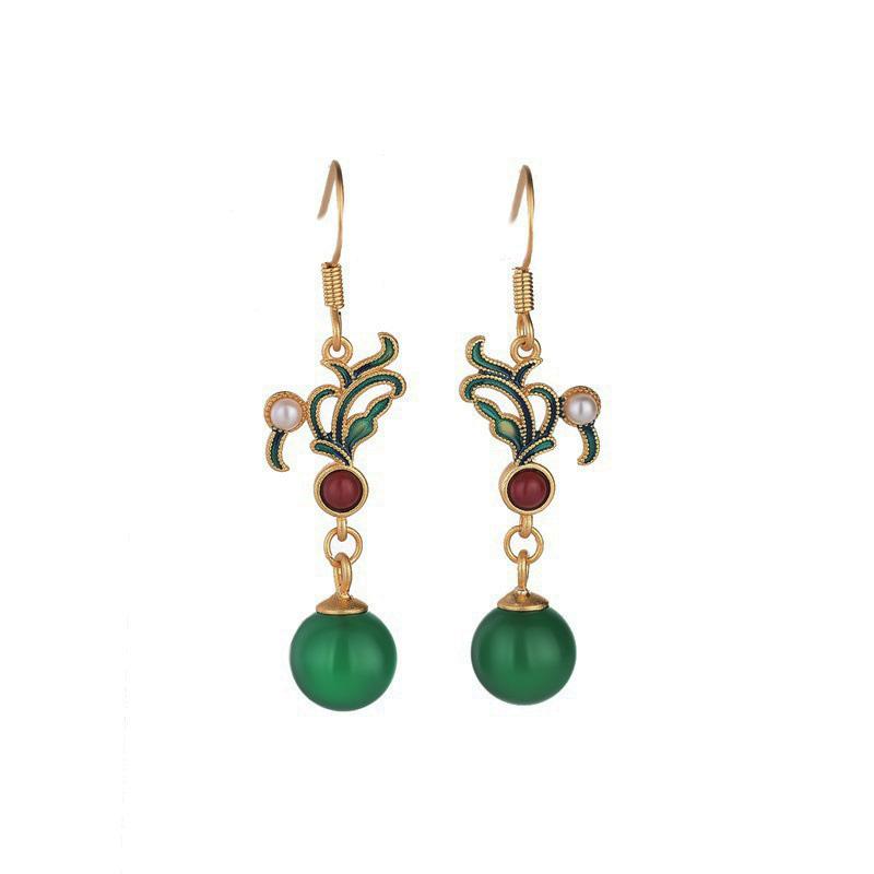 Ancient gold craft Chinese style retro enamel Eardrop inlaid natural Hotan Jade earrings for women classic design jewelry