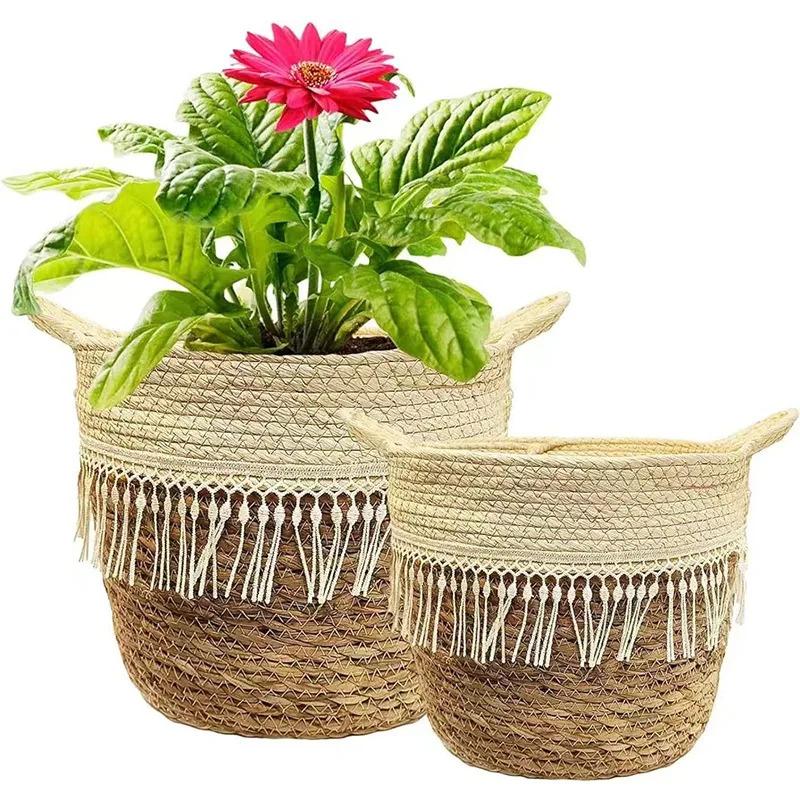 Nordic-style Rattan-woven, Straw-woven Flower Basket, Bamboo-woven Planter for Green Plants, Floor-standing Willow-woven Plant