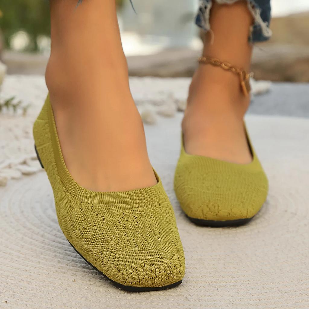 New Women's Flats Spring Autumn Fashion Square Head Solid Light Mouth Candy Mesh Breathable Large Women's Flat Shoes Single Shoe