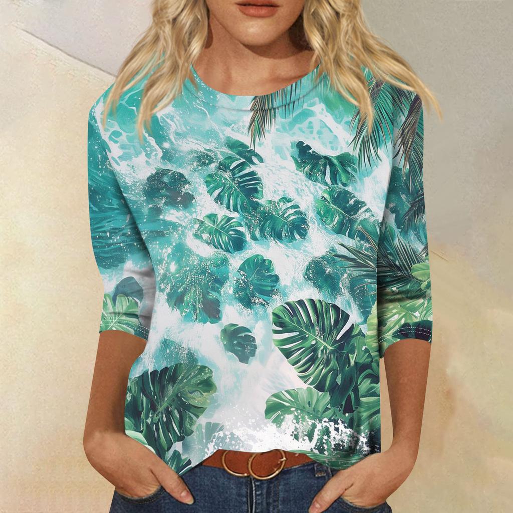 Módní vintage top s 3/4 rukávem pro ženy, dámská ležérní halenka s tříčtvrtečním rukávem a kulatým výstřihem s potiskem