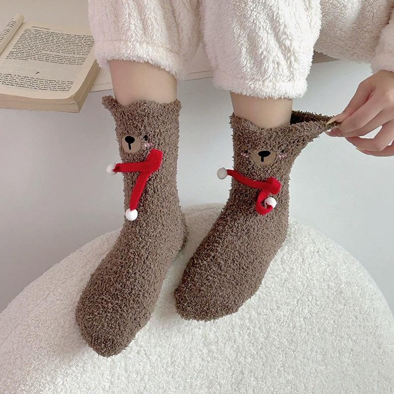 1Pair Sleep Socks Cute Little Bear Cartoon Coral Velvet Socks Soft Polyester Fiber