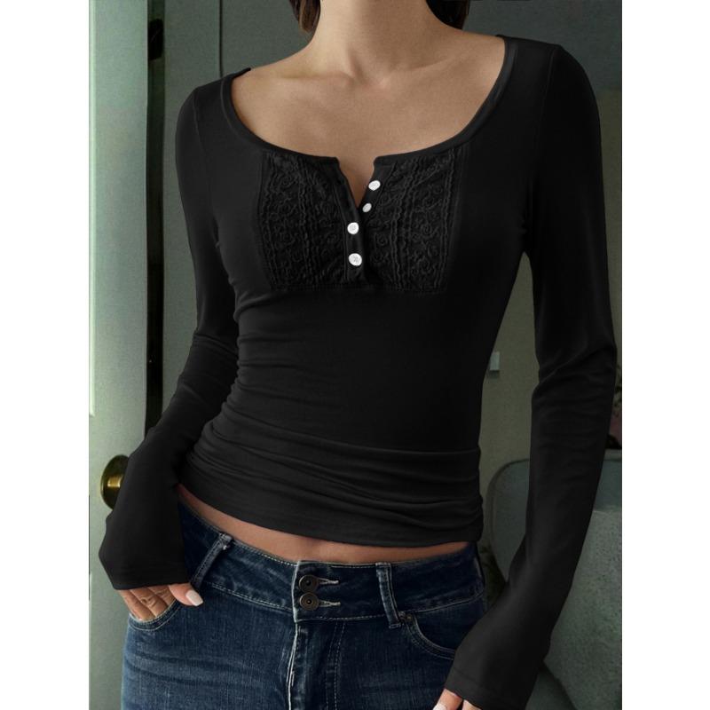 Women's Autumn and Winter Slim Fit Round Neck Versatile Button Long Sleeve Vest T-Shirt
