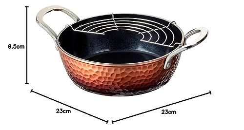 Taniguchi Metal Hammered Forged Tempura Pot with Half-Moon Strainer, 22cm, IH and Gas Stove Compatible, PFOS and PFOA Free