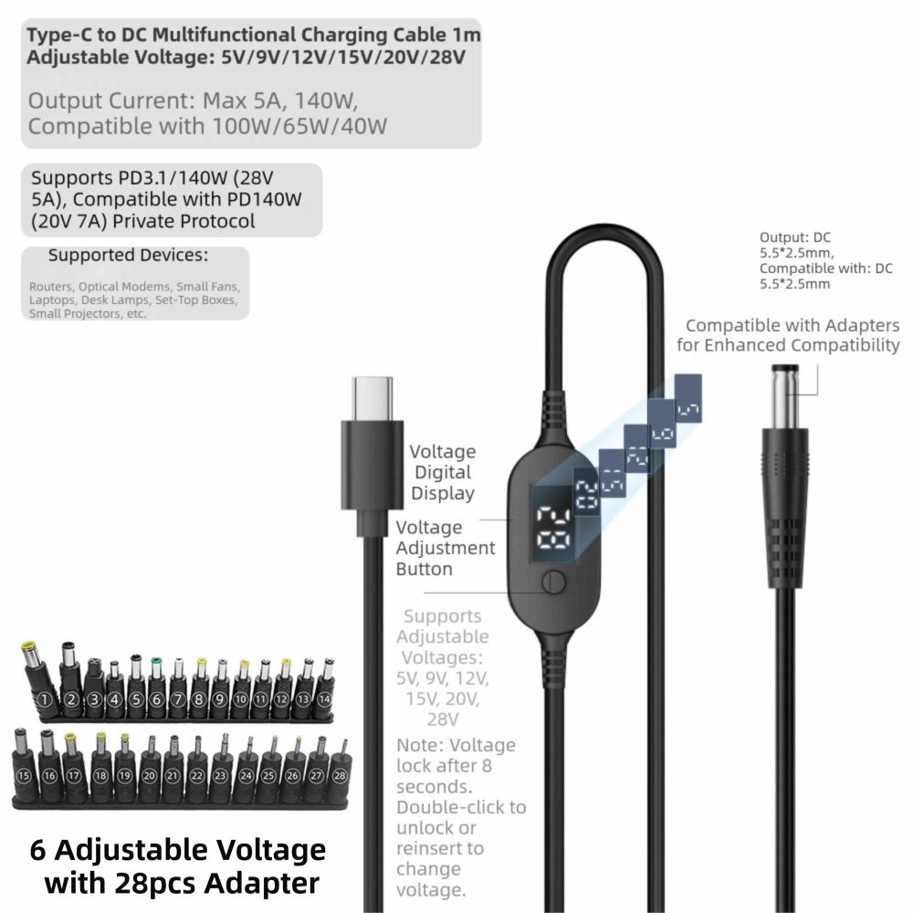 Digitales Display USB C auf DC 5525 Konverter 5V/9V/12V/15V/20V mit 28/34 Anschlussspitzen Typ-C zu DC Stromkabel