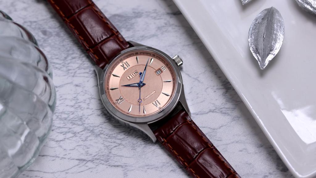 JIOS Automatic Made In Genuine Leather Sapphire Crystal Salmon Blue Brown Crocodile Embossed Men's Watch, Japan, Strap, (Biwamasu Design, Hands,