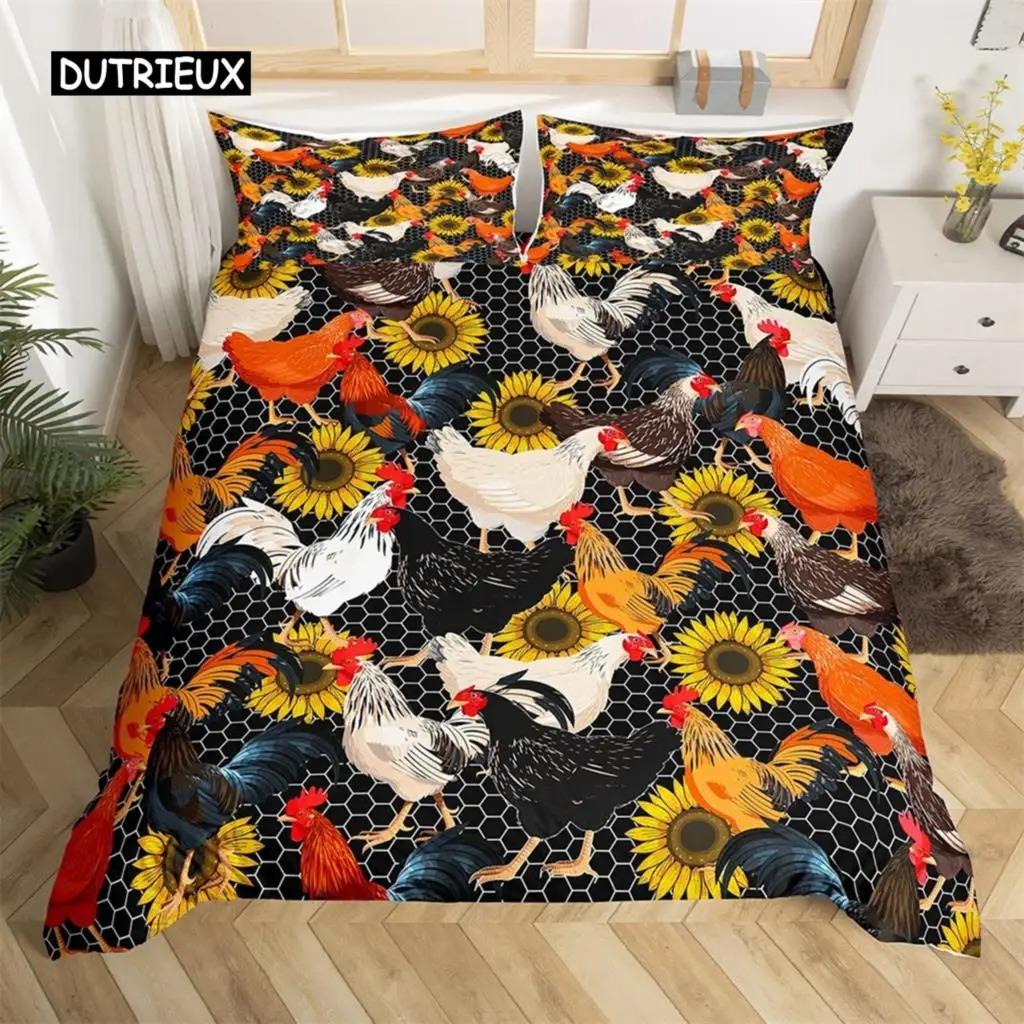 Duvet Cover Pastoral Scenery Animal Chicken Twin Country Sunflower Rooster Comforter Cover Microfiber Rustic Barn Bedding Set