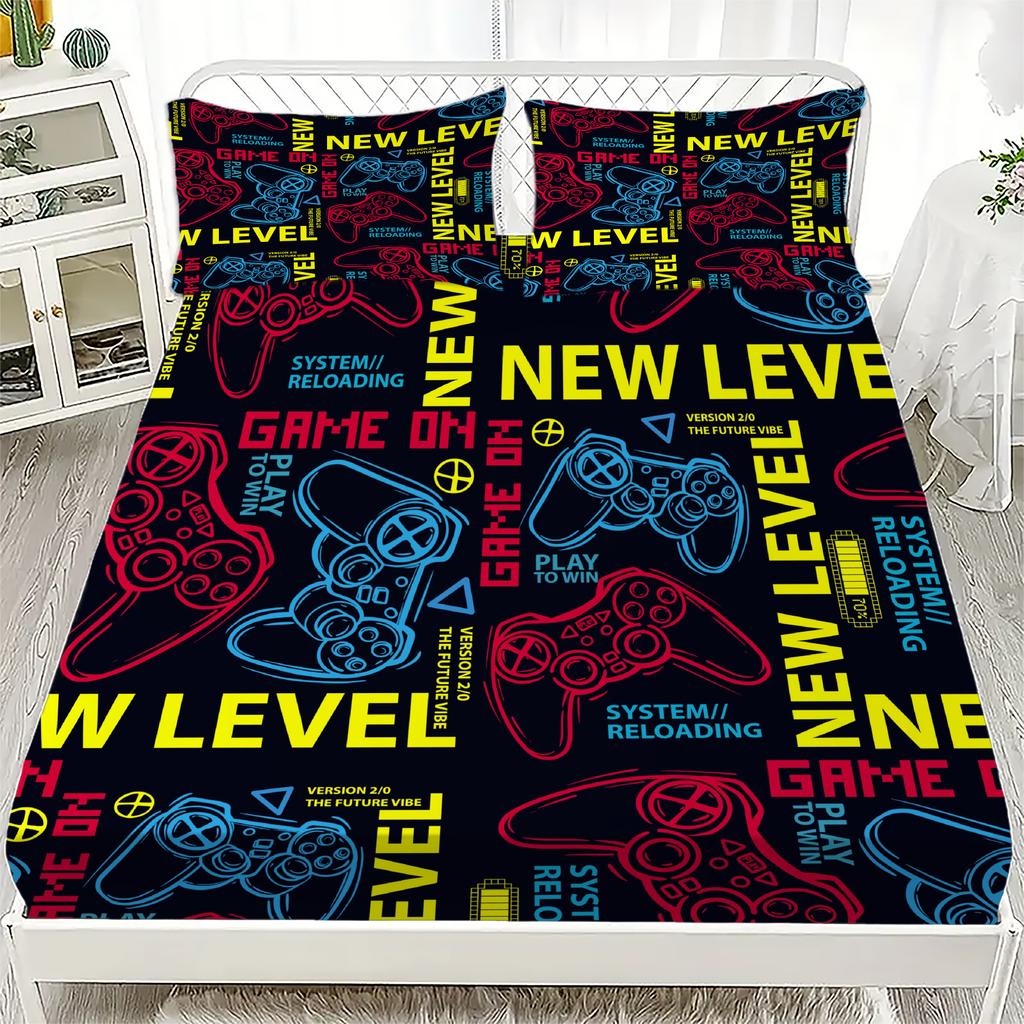 3D Game Controller Fitted Sheet Set For Boys' Bedroom Decor Queen Size King Size Skin Friendly Washed Cotton Fitted Sheet