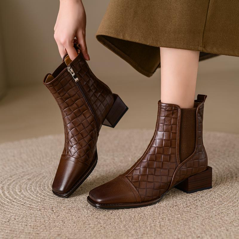 

Fashion 2024 Autumn Women Boots Square Toe Back Zipper Women Shoes Chunky Heels Shoes for Women High Heel Boots Vintage Leather Shoes 34 (US 4) коричневый