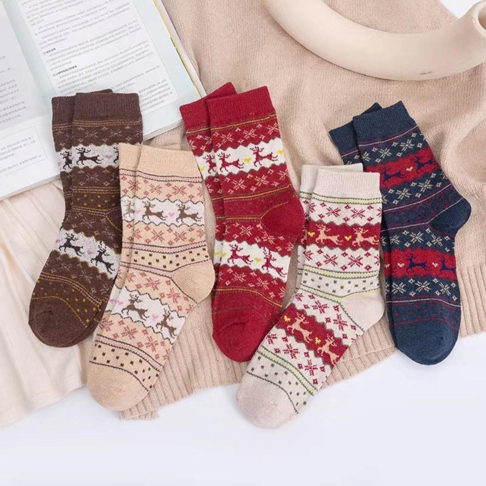 5pairs Thickened Deer Knit Winter Socks Soft Warm Mid-Calf Socks Christmas Reindeer Socks Autumn