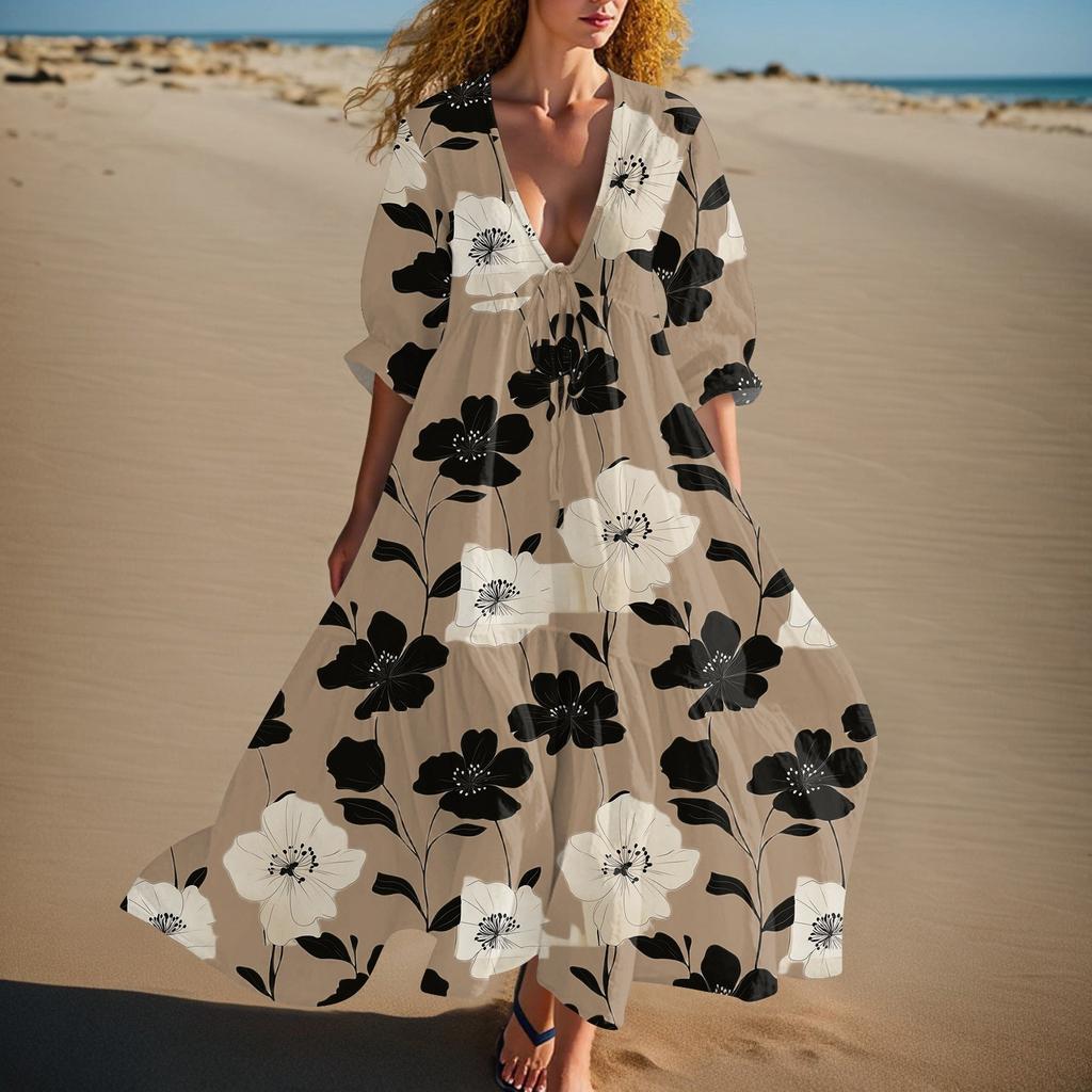 Women's Summer Fashion V-neck Retro Floral Print Short Sleeved Beach Dress With Lace Patchwork Dress