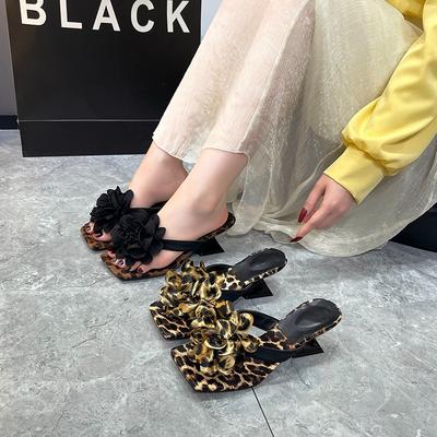 Fashion Leopard Flowers High Heels Women Sandals Party Square Toe Dress Shoes Summer Slippers 2025 New Designer New Female Slides