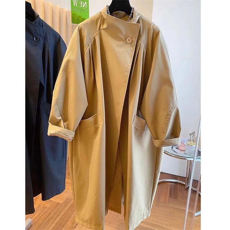 High End Stand Up Collar Outwear Spring Plus Size Women's Casual Loose Mid Long Windbreaker Lining Jacket Khaki Black Top