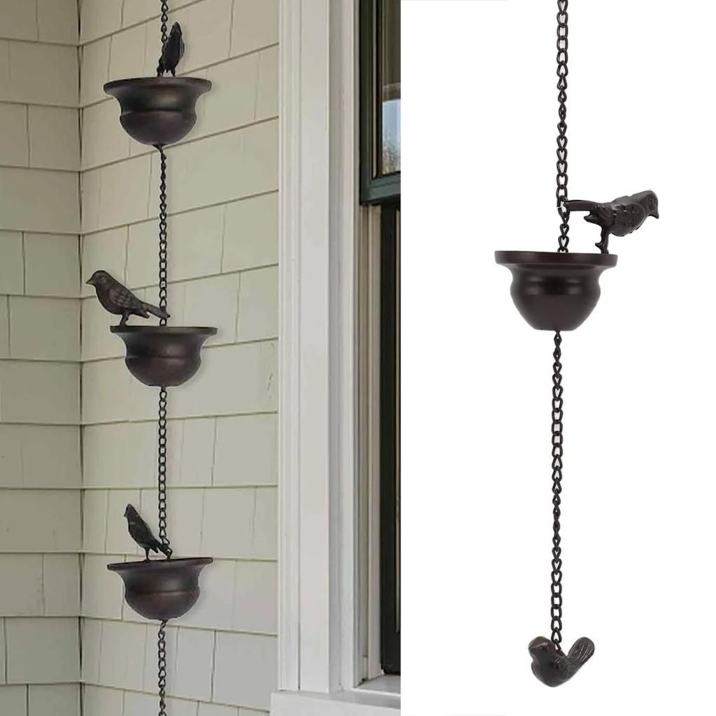 7.9ft Birds On Cup Rain Chain For Gutters Decorative Rain Chimes For Outside Vintage Garden Rainwater Diverter Catcher Chains