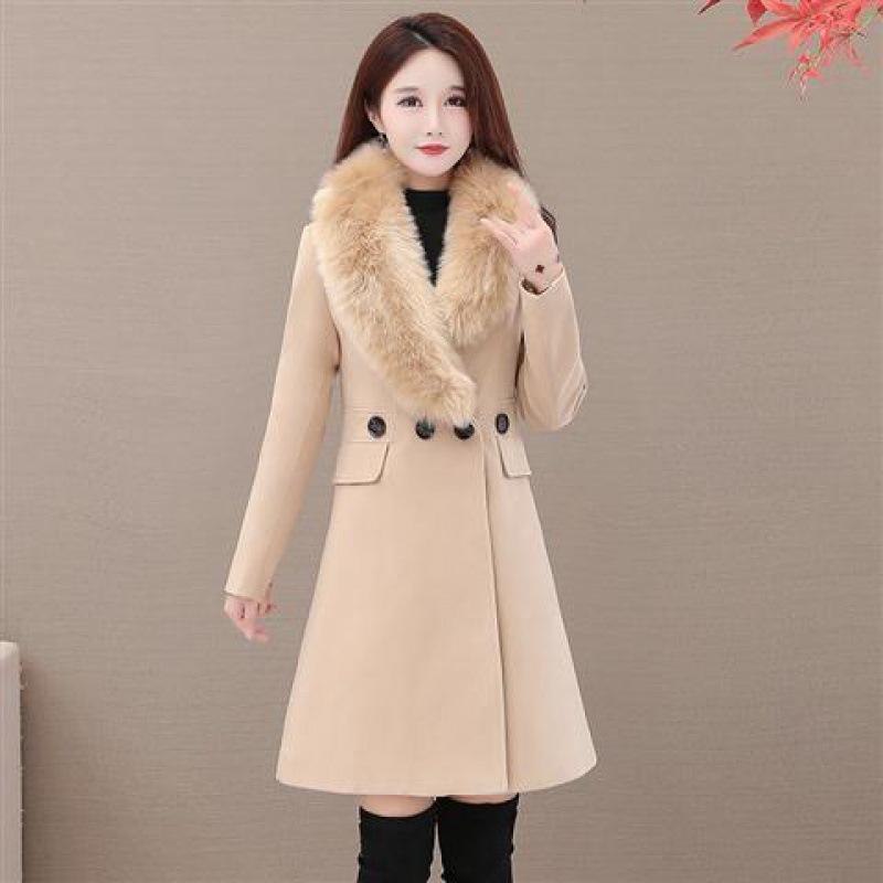Silný vlněný dámský kabát na podzim a zimu dlouhý kabát s kožešinovým límcem