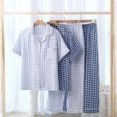 Cotton Plaid Design Men's Trouser Pajamas Homewear Suit for Autumn Thin Short-Sleeved Trousers Plaid Homewear Pyjamas Men