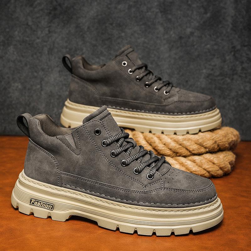 

British style shoes Martin boots new low-top thick-soled heightening casual leather shoes medium-top board shoes 44 [standard sports code] хакі