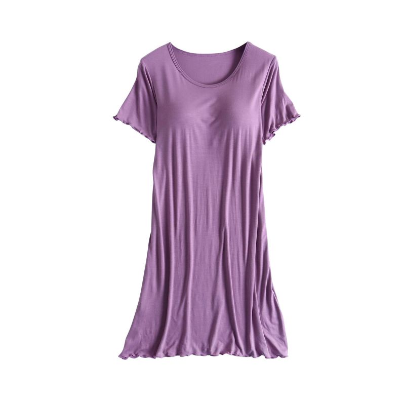 Women Casual Short Sleeve Nightgown Solid Color Pajama Dress with Bra Pad