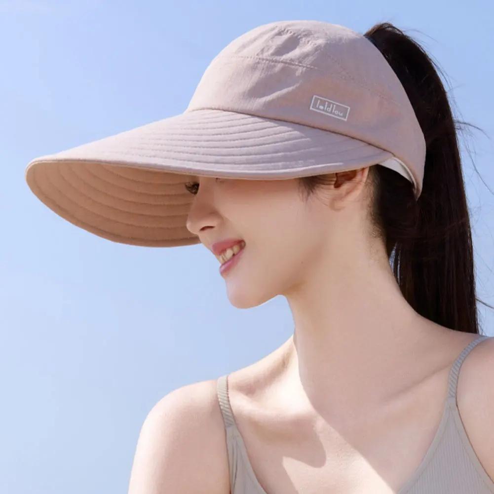 Casual Wide Brim Women Empty Top Hat Summer Breathable Sun Hat UV Protection Foldable Sun Visor Hat Detachable Beach Cap