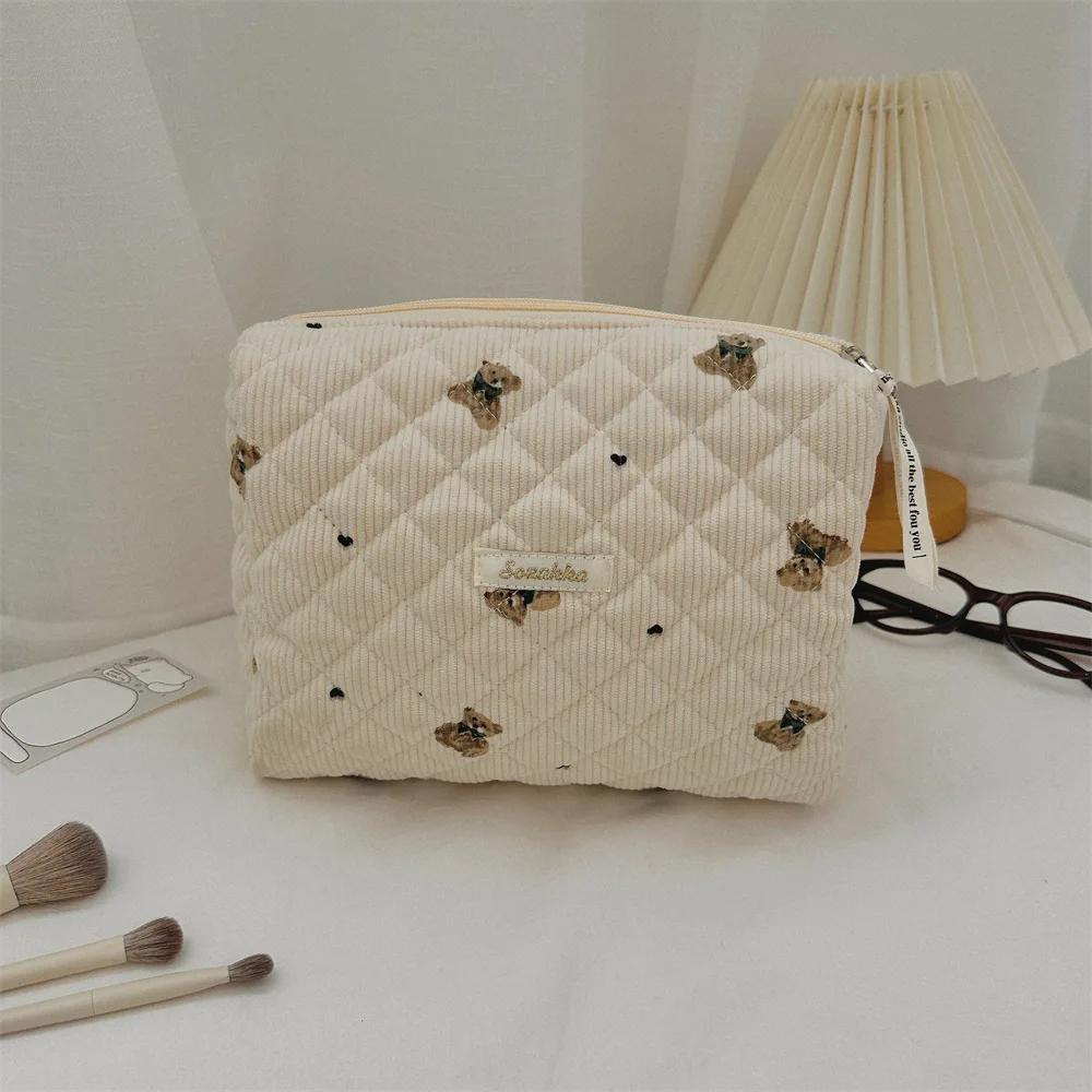 Cartoon Bear  Women's Cosmetic Bag Portable Corduroy Ladies Travel Makeup Storage Bags Simple Girls Pencil Case Clutch Purse
