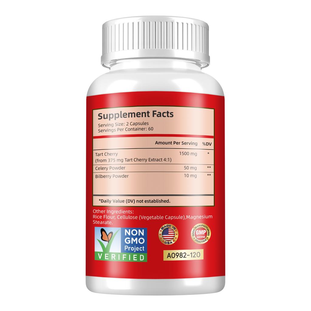 Airboy Organic Tart Cherry Extract Capsules, made with tart cherry concentrate and celery seed, suitable for adults.
