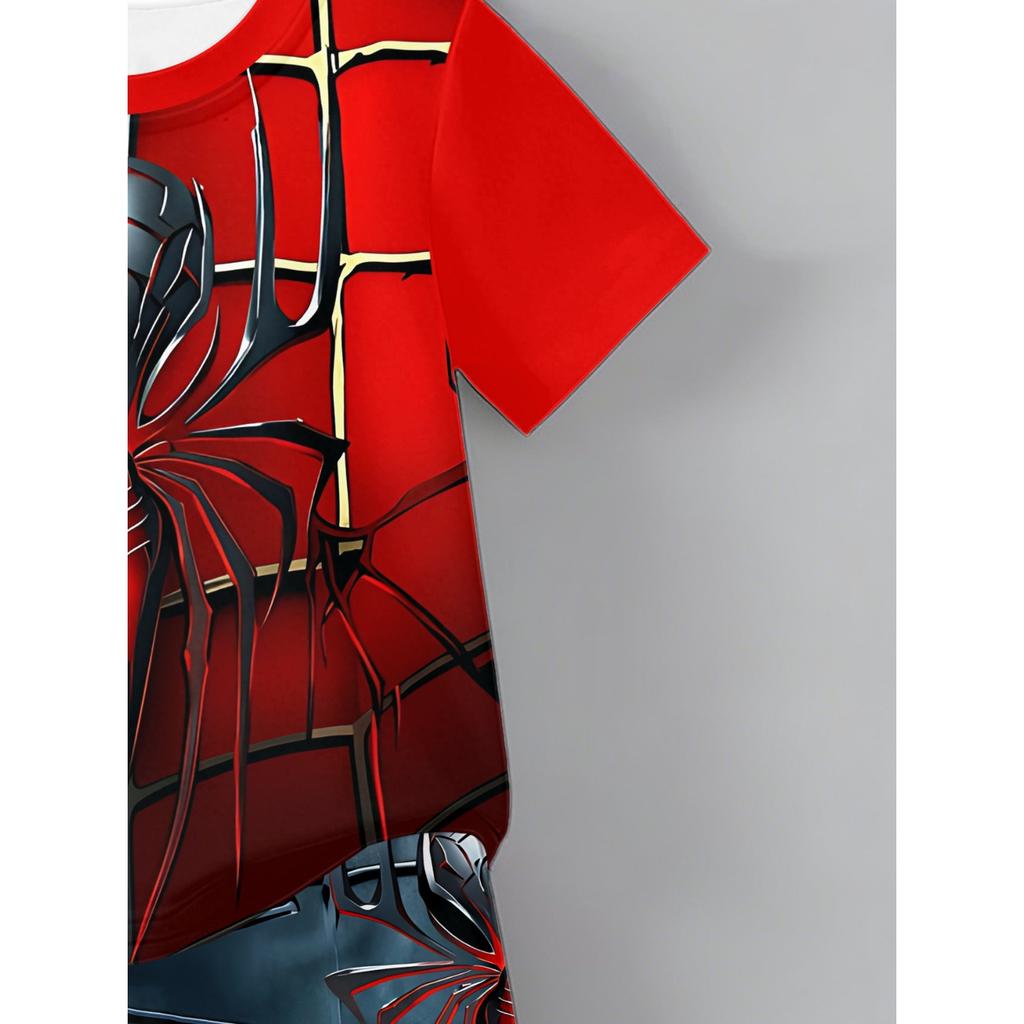 2-piece Boys' Short Sleeved Shorts Set, Casual and Fashionable Style, Fun Spider Pattern, Summer Outdoor Sports Outfit