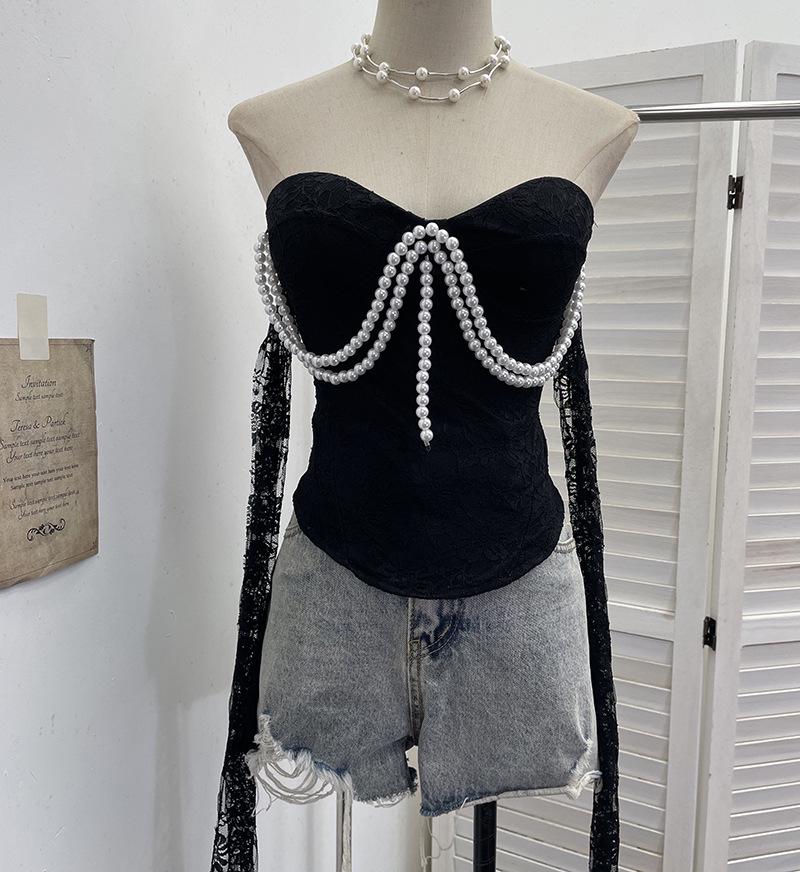 

Vintage Lace Pearl Strapless Tank Top with Padded Cups and Irregular Flowing Ribbon - Y2K Jazz Style One Size