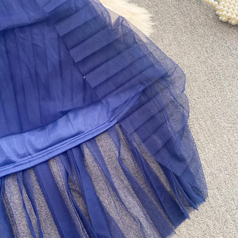 Høst Vinterklær Temperament Langermet Broderi Blomsterstrikket Mellomlang Kjole Uformell Spleising Mesh One Piece Dress