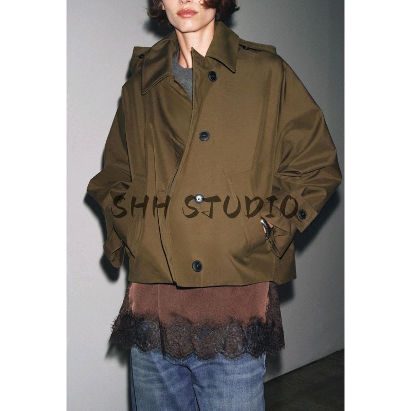 Fall New Women's Clothing Minimalist Single-Breasted Short Flap Collar Waterproof Batwing Long Sleeve Trench Coat 0518242