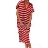 Summer Dress Women's V-neck Striped Low-slit Lapel Long Sweater