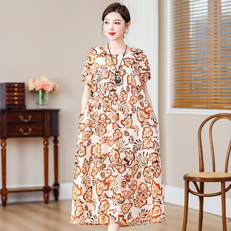 2 Neues hochwertiges florales Baumwoll-Seiden-Kleid für Damen-Sommer-Temperament, Bauchbedeckung für Mütter, große Größe künstliche Baumwolle langer Rock