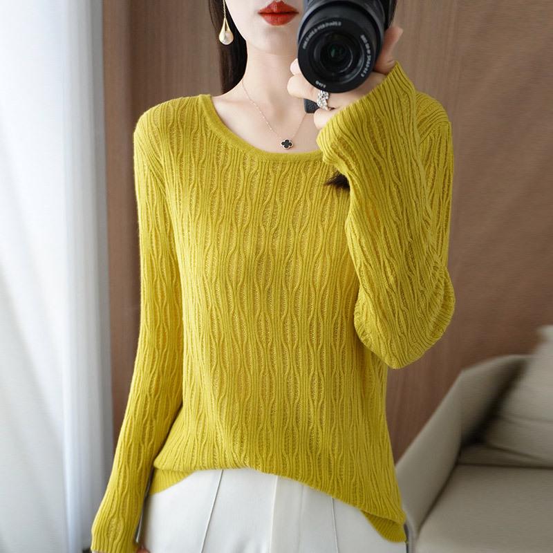Women's High-Quality Round Neck Crochet Knit Pullover - Long Sleeve, Lightweight, Warm Wool Base Layer Top