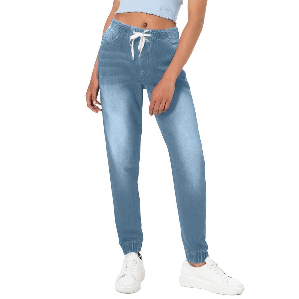 Women's Casual Solid Color Mid Waisted Poket Jeans Pants Denim Casual Trousers