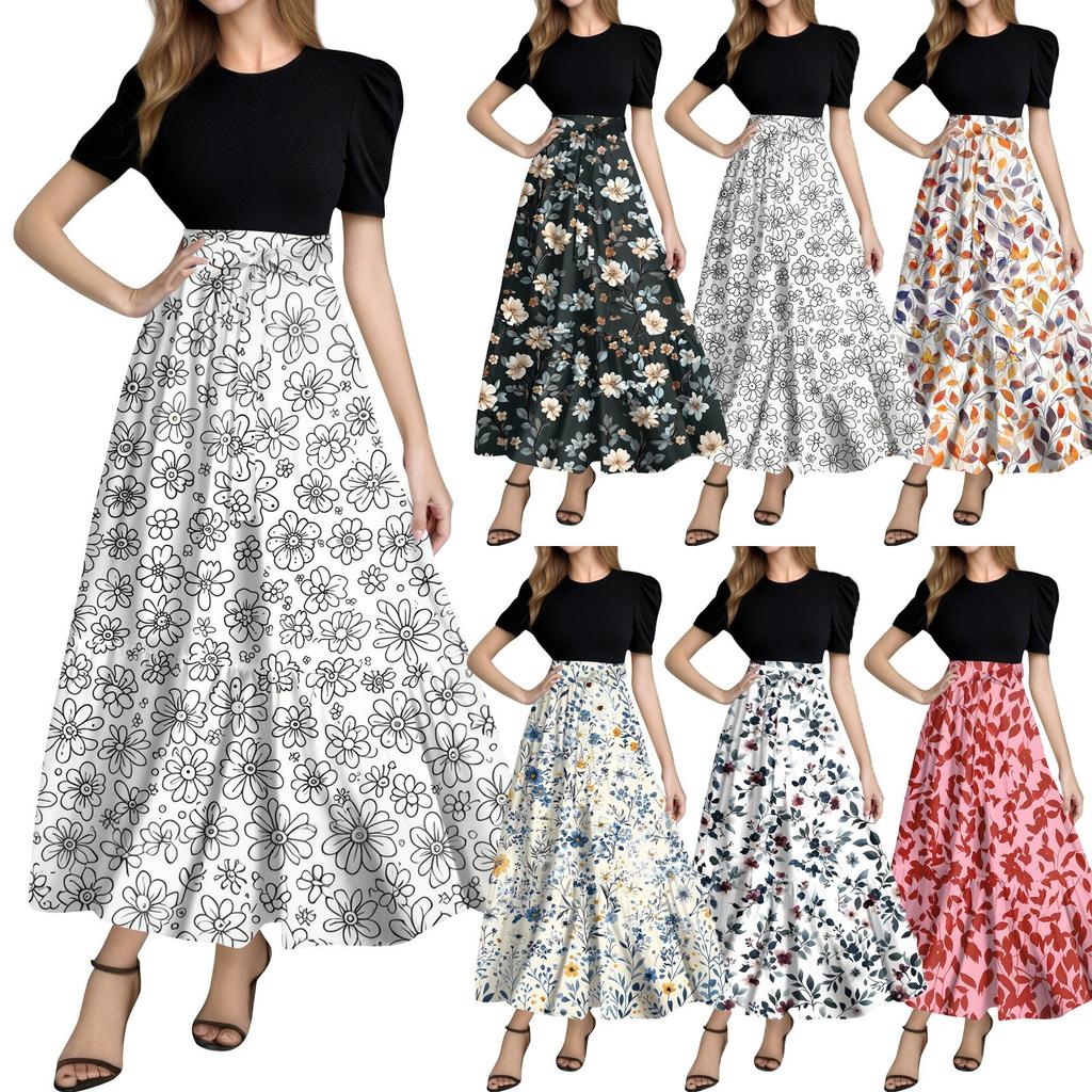 Women's Fashion Casual Belt Short Sleeve Round Neck Print Stitching Elegant Temperament Dress