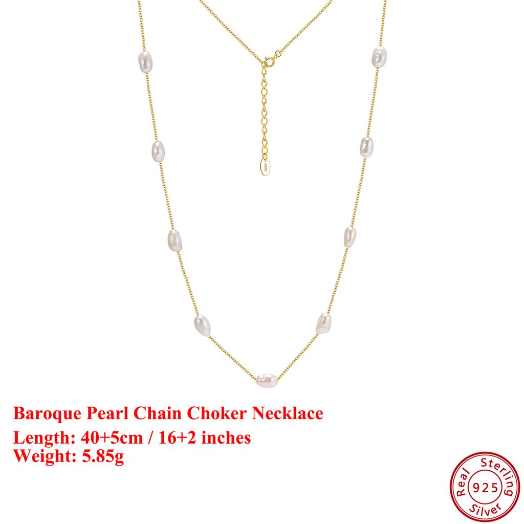 EFFIE QUEEN Elegant Natural Pearl Necklace for Women 925 Sterling Silver Baroque Pearl Choker Chain Dainty Jewelry Gift GPN97