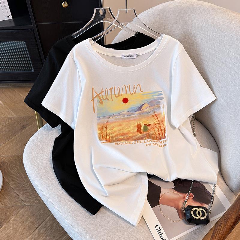 Plus Size Slimming Loose Round Neck Mid-Length Short-Sleeve Women s T-Shirt 7XL чёрный