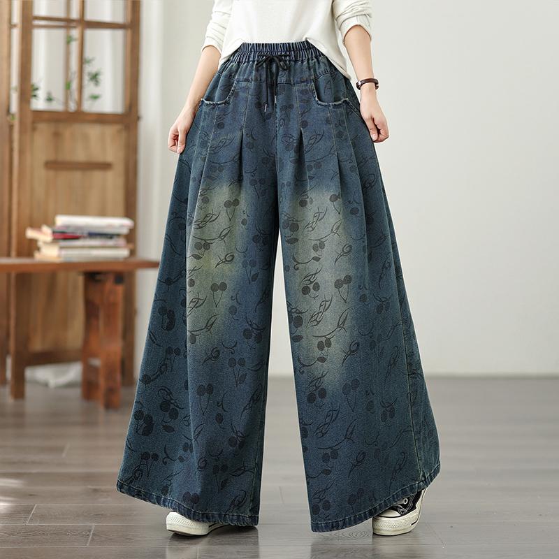 

DIMANAF 2025 New Basic Elastic Jeans Women Wide-leg pants Denim Trousers Big Casual Blue Pants M