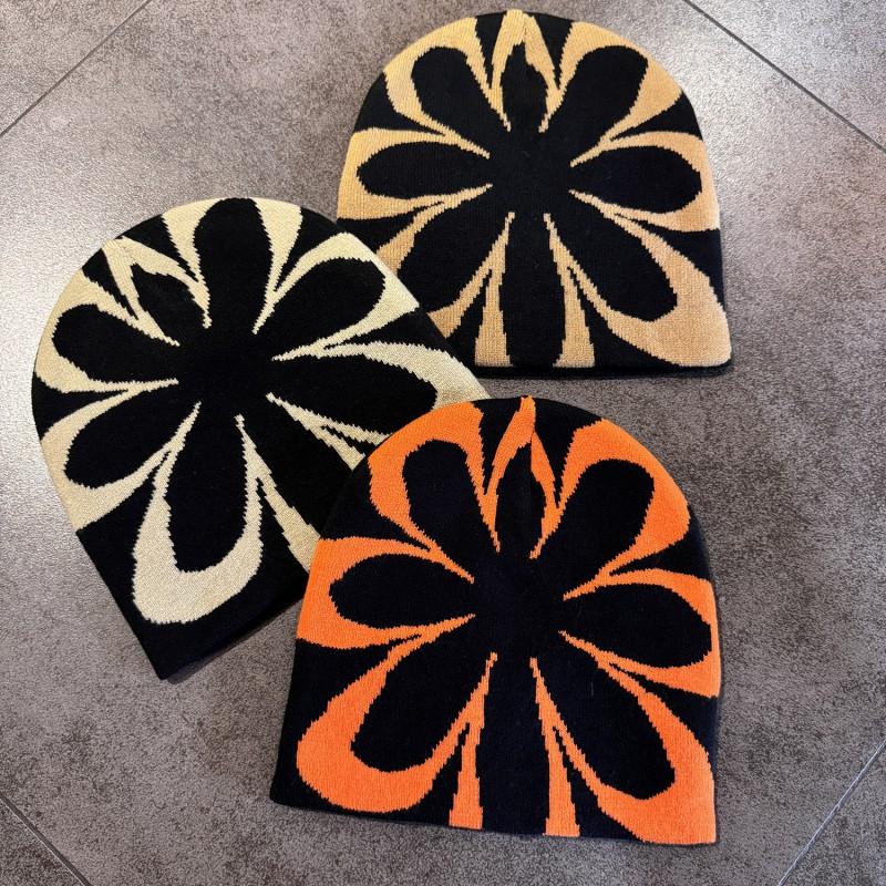Winter Knit Beanie Men Women Floral Jacquard Warm Ear Protection Street Style Acrylic Hat