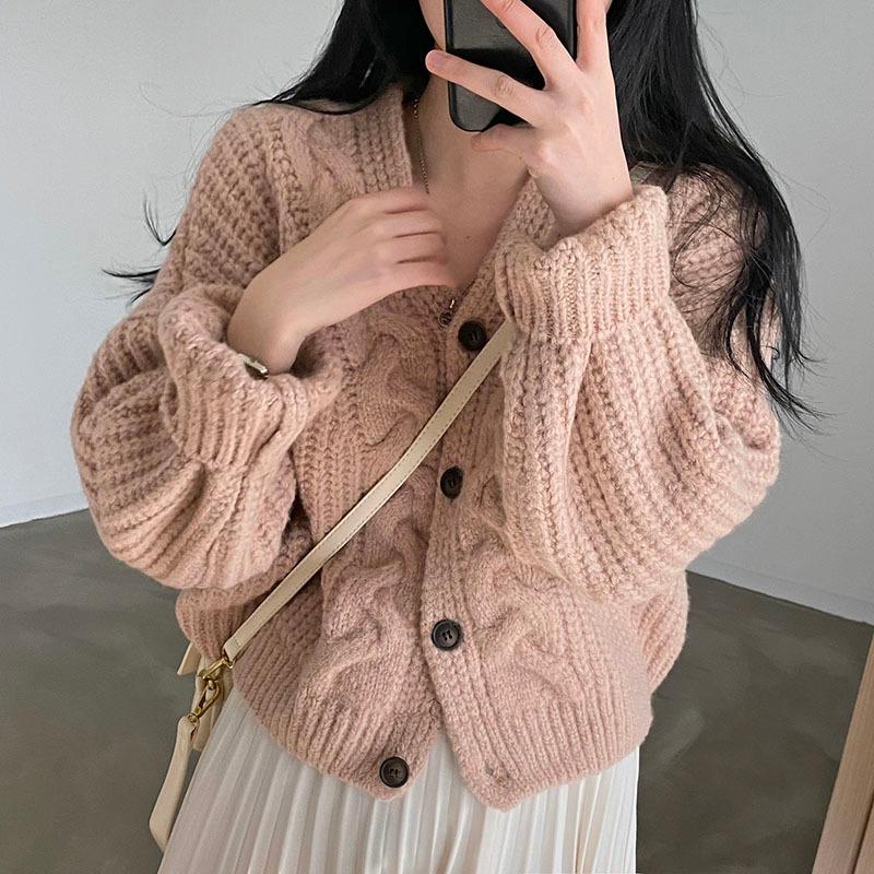Herbst Casual V-Ausschnitt Puffärmel Locker Gestrickte Strickjacken Damenmode Winterpullover Jacke für Damen Elegant Einfarbig Slim Fit Damenstrickjacke 25729