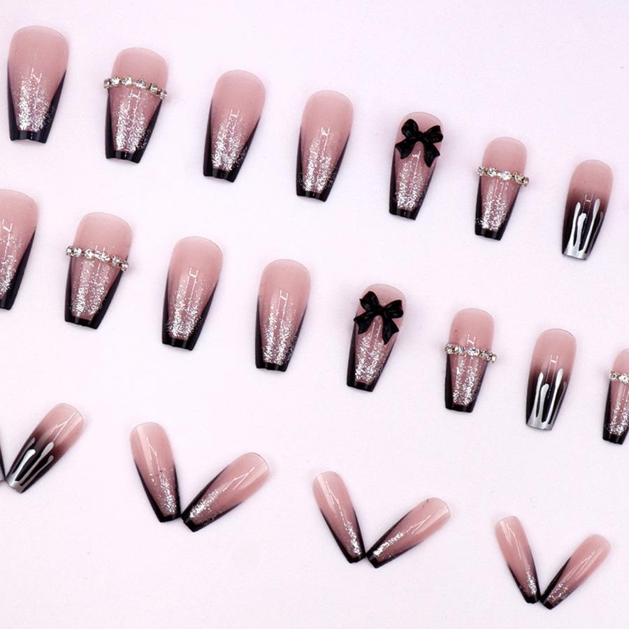 24 Pieces  style black French bow diamond model flash glitter water drop pattern white fake nails wear armor