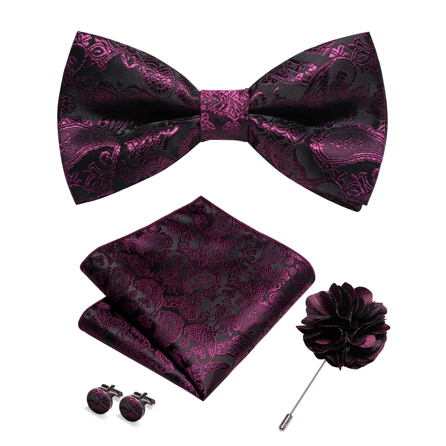 Champagnerfarbene Seidenjacquard-Paisley-Herren-Fliege, Anstecknadel, Einstecktuch, Manschettenknöpfe Set, Vorgebundene Schmetterlingsknoten-Fliege für Herren, Hochzeit, Business black